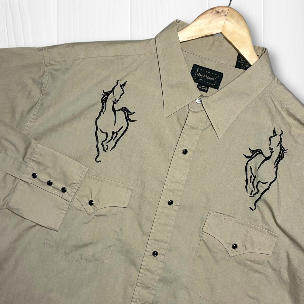 High Noon Long‎ Sleeve Western Shirt Tan Embroidered Horses Pearl Snap Men's XL